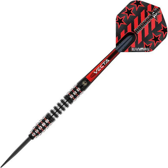 Full view tungsten dart with knurled grip barrel, black point, red and black star flight, isolated on white background