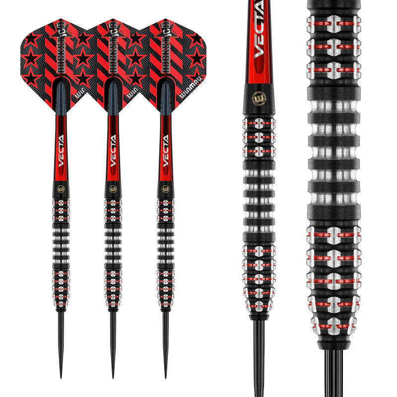 Three 90% tungsten darts with red star flights and detailed barrel grip, plus close-up highlighting precision ringed grip design.