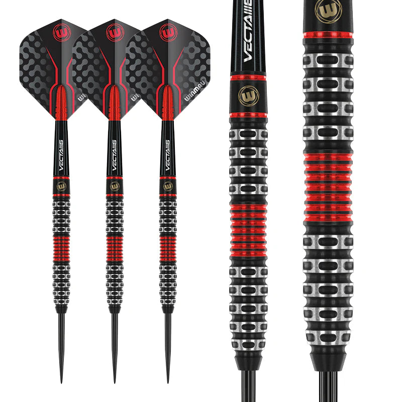 Three 90% tungsten darts with black and red flights, plus macro close-up of barrel grip texture highlighting precision grooved rings