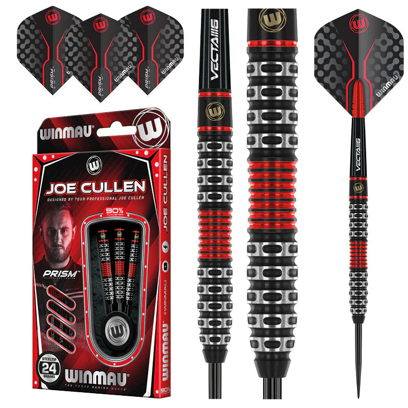 Steel tip 90% tungsten darts set with close-up barrel grip, included Prism flights, full dart view, and retail packaging