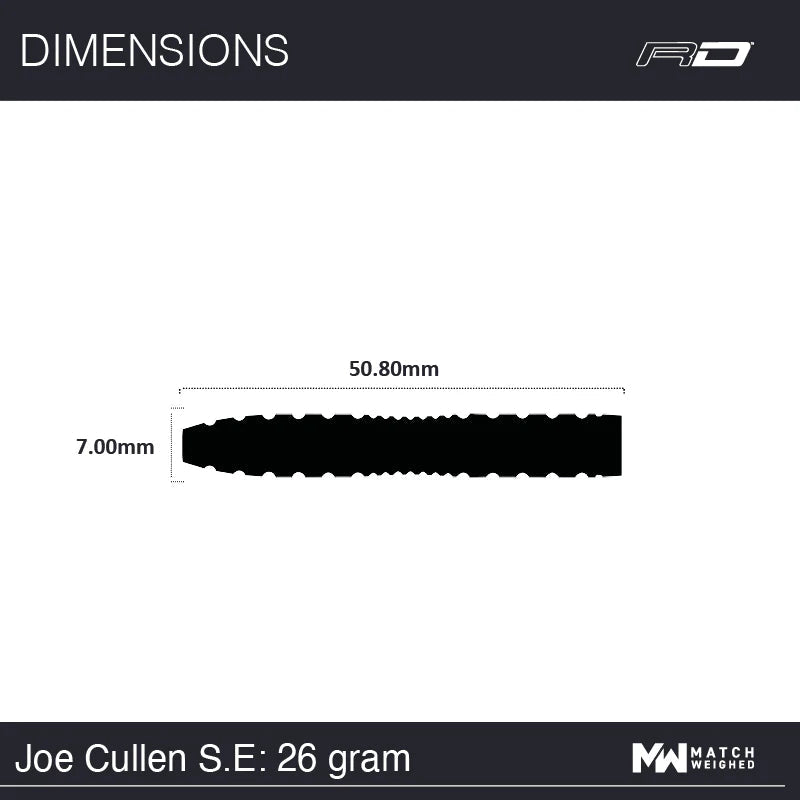 Side view dart barrel silhouette with dimensions 50.80mm length and 7.00mm diameter, Joe Cullen SE 26g tungsten dart