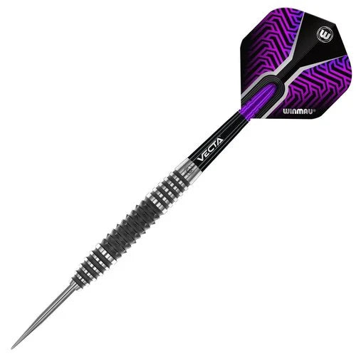 Full view tungsten dart with detailed grip texture and purple patterned flight, isolated on white background