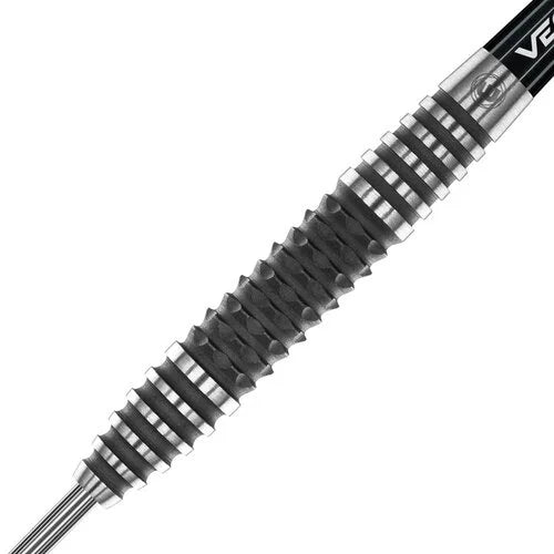 Macro close-up of tungsten dart barrel showing detailed black grip texture and precision grooves for enhanced throw control