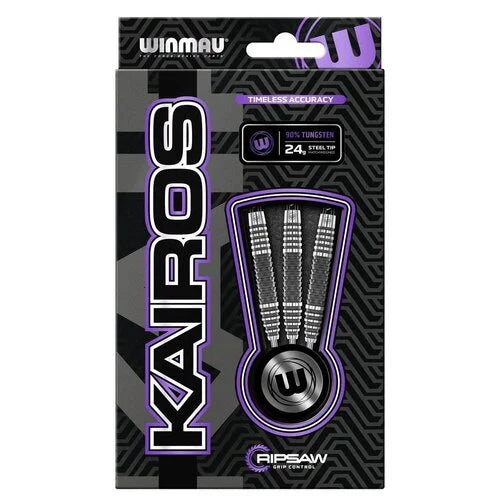 Full view of 90% tungsten steel tip darts in retail packaging, showing three darts with precision grip design.