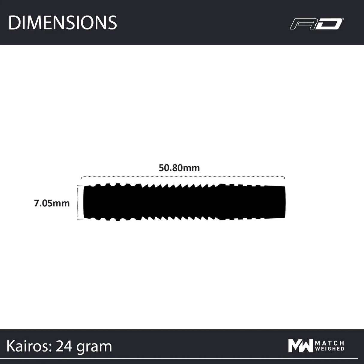 Dart barrel side view silhouette with 50.80mm length and 7.05mm diameter showing grip texture and dimensions for tungsten darts buyers