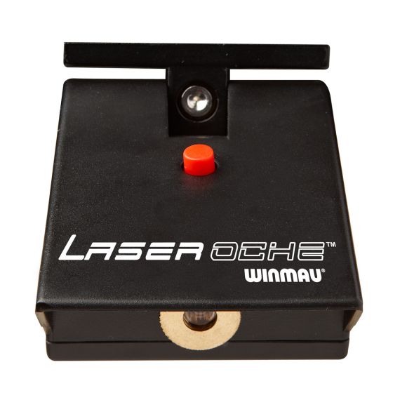 Angled full product view of Laser Oche dart throw line device, red power button and laser aperture, isolated on white background