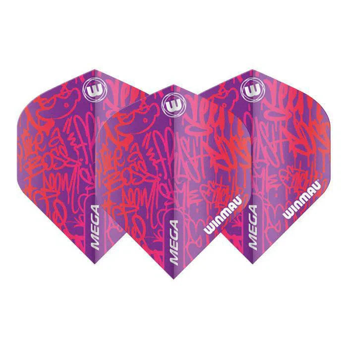 Three purple mega standard dart flights with bold graffiti design, displayed side by side on white background.