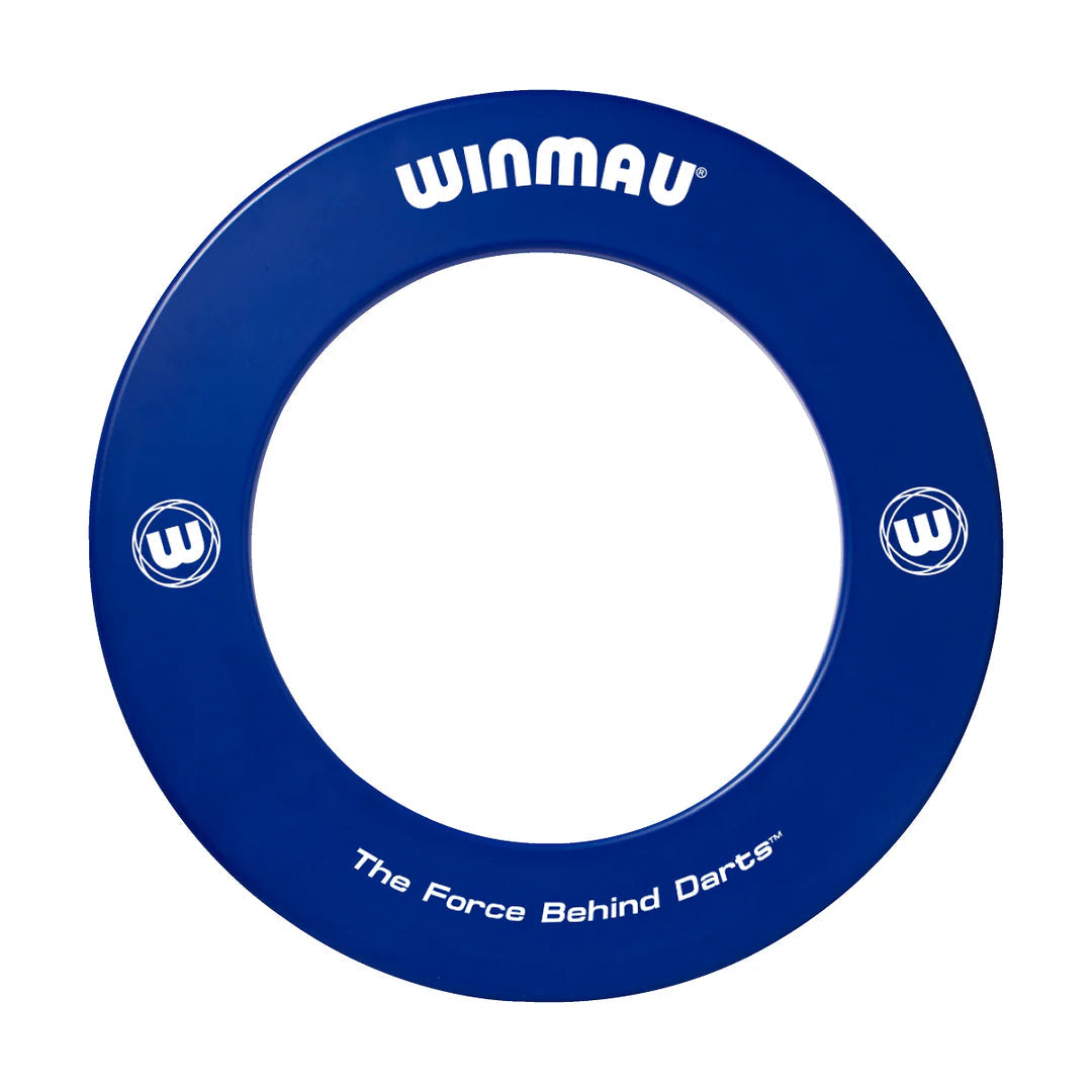 Blue professional dartboard surround ring isolated on white background, showing logo printing and protective outer edge design