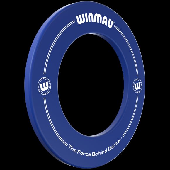 Angled view blue dartboard surround with printed logo and text, single item isolated on black background, ideal dartboard protection