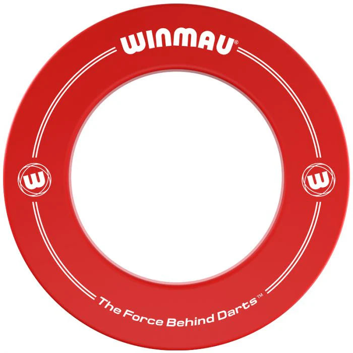 Red dartboard surround top-down view, Winmau logo and slogan visible, ideal for protecting walls in darts setup