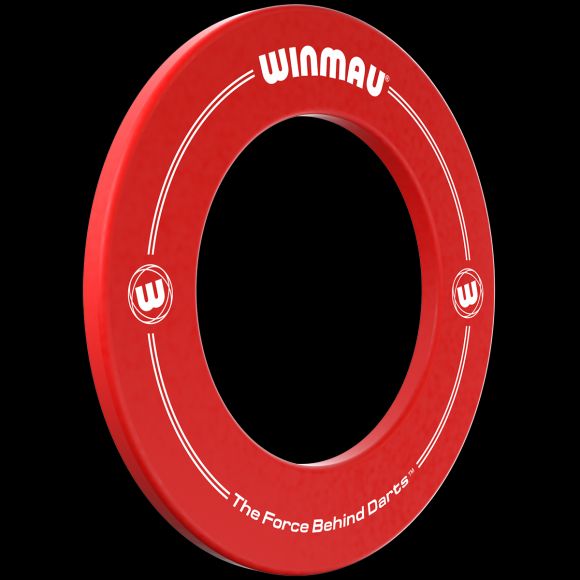 Red professional dartboard surround angled view, white printed logo and text, single ring design for dartboard protection