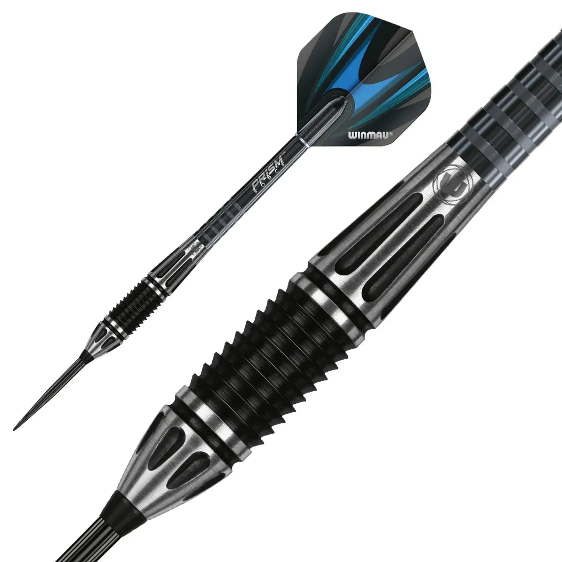 Winmau Majestic 90% tungsten dart – macro of Ripsaw angle-cut grip on short torpedo barrel with black-blue flight
