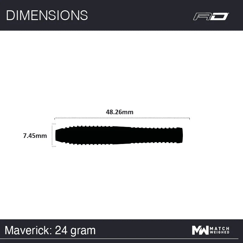 Dart barrel dimensions top-down view, showing 48.26mm length and 7.45mm diameter for Maverick 24 gram tungsten darts