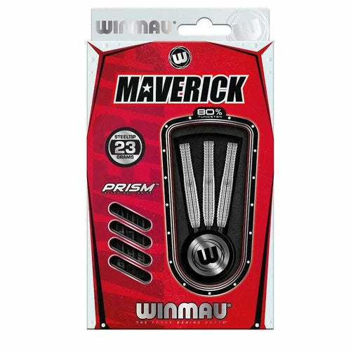 Maverick 80% tungsten steel tip darts set in packaging with three darts and extra flights visible in display window