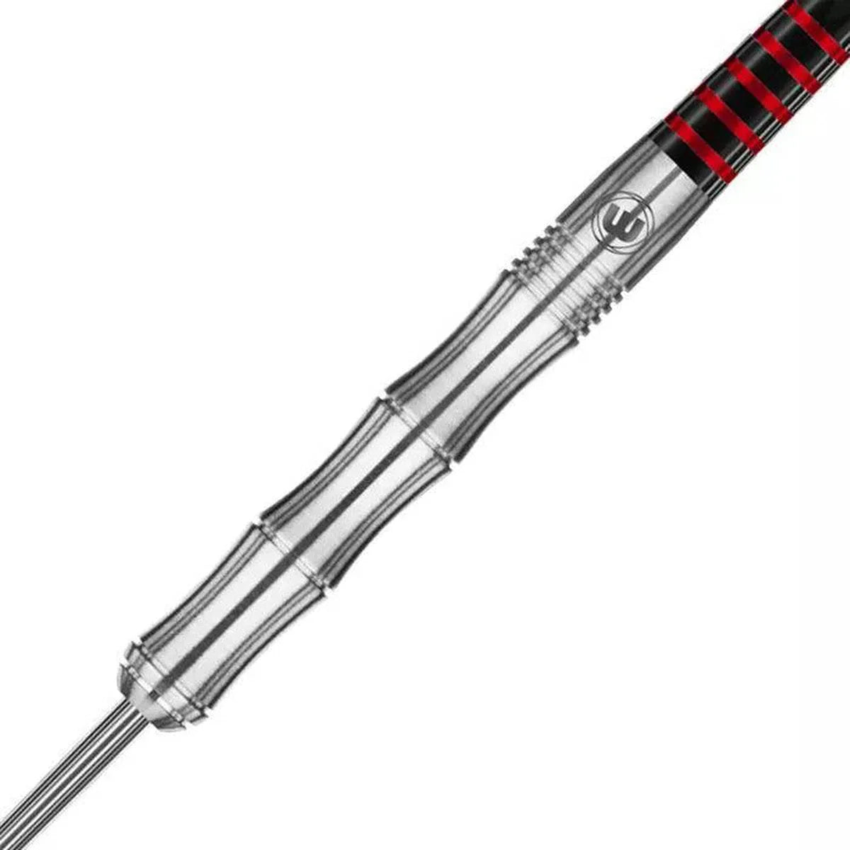 Close-up angled view of 90 percent tungsten dart barrel showing contoured grip and fine ringed engraving for enhanced dart control