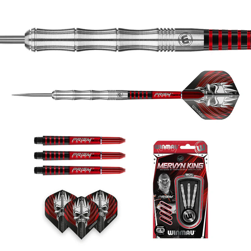 Multiple views of Mervyn King 90% tungsten darts with close-up grip, full assembled dart, spare red shafts, skull flights, and retail packaging