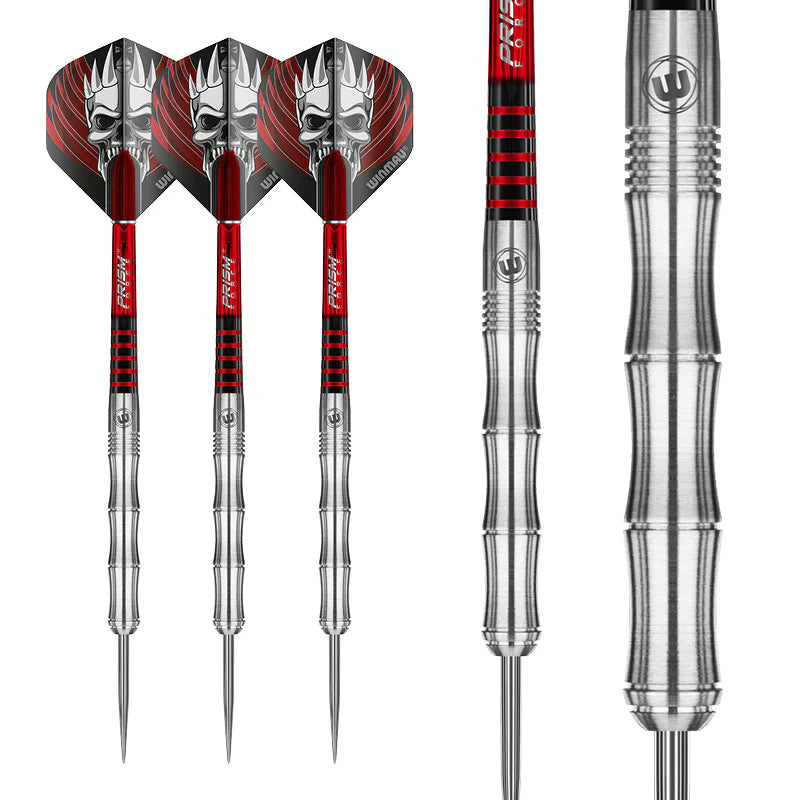 Steel tip tungsten darts with skull flights, close-up of ringed barrel grip, isolated on white background