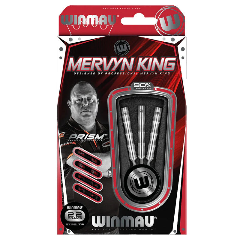 Retail packaging showing three unassembled 90% tungsten steel-tip darts with ringed barrel design and included accessories
