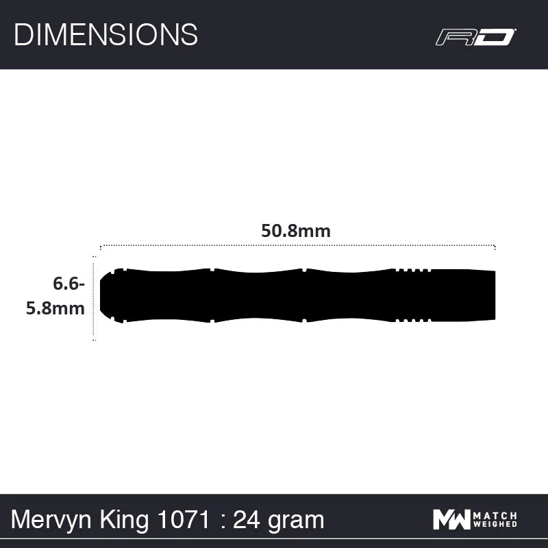 Dart barrel dimensions chart showing 50.8mm length and 6.6-5.8mm diameter for Mervyn King 90% tungsten darts
