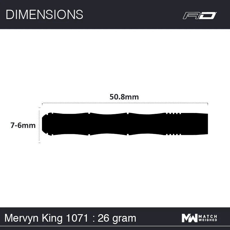 Top-down silhouette of Mervyn King 1071 tungsten dart barrel with length and diameter measurements for dart buyers