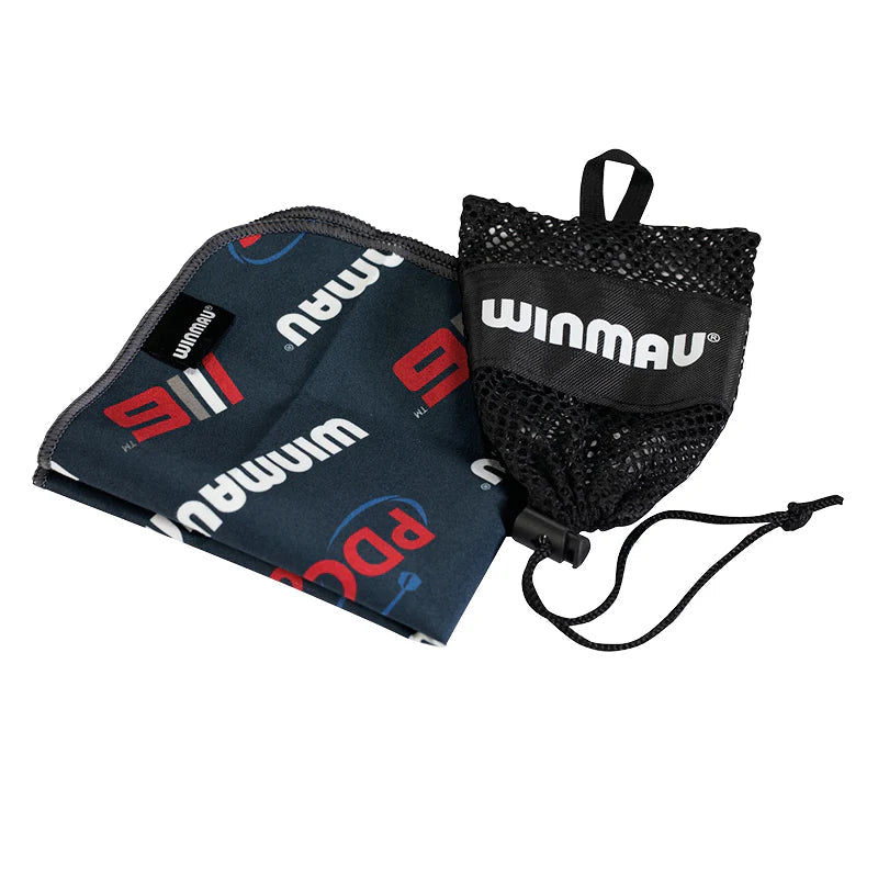 Microfibre hand towel for darts with included mesh pouch, displayed flat and isolated on white background