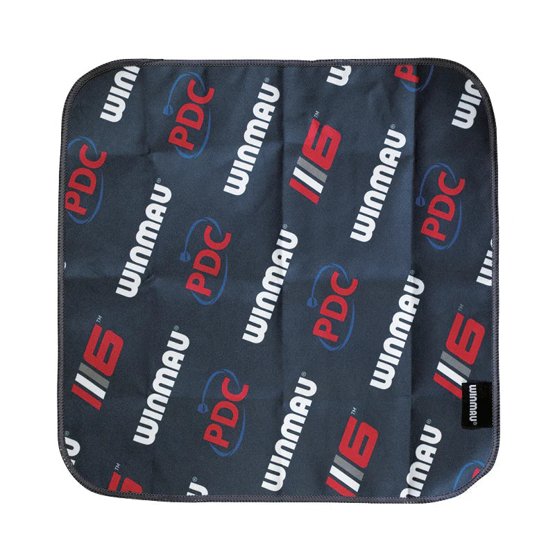 Top-down view of microfibre hand towel for darts, square shape with dart branding, displayed flat on white background