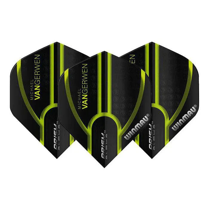 Set of three MVG Alpha No.2 dart flights displayed on white background, black with green and yellow accents, highlighting durable 100 micron material