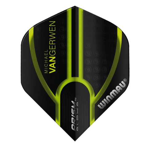 Single MVG Alpha No.2 dart flight full view on white background, highlighting black and neon yellow design ideal for steel tip darts