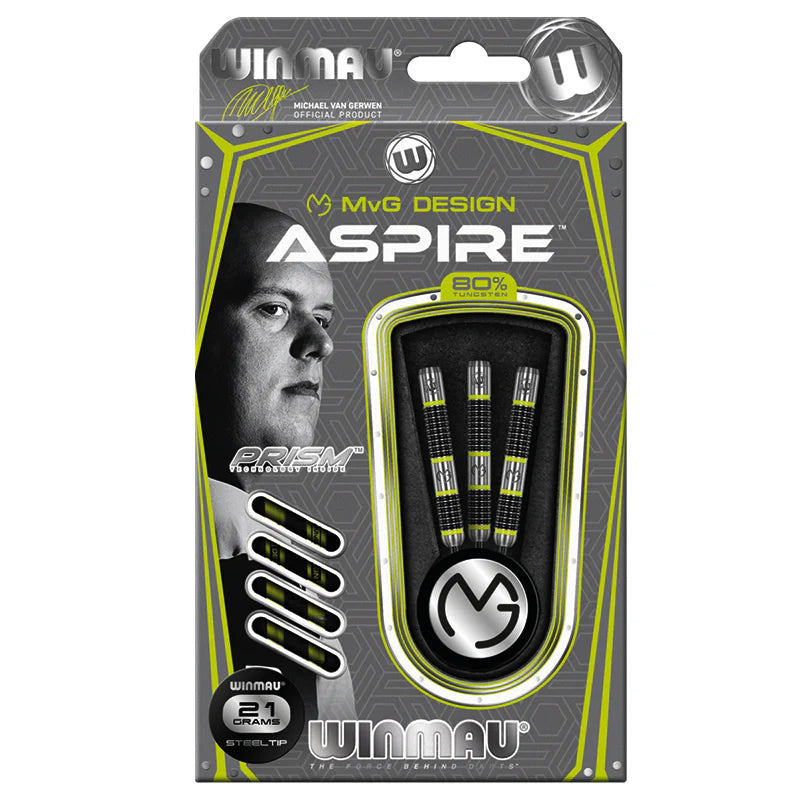 Retail packaging showing three steel-tip tungsten darts in display box with machined barrel grip, 80% tungsten, Prism shafts, and 21g weight