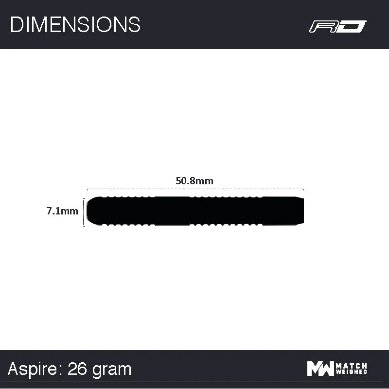 Dart barrel silhouette side view with dimensions 50.8mm length and 7.1mm diameter for 26g tungsten darts