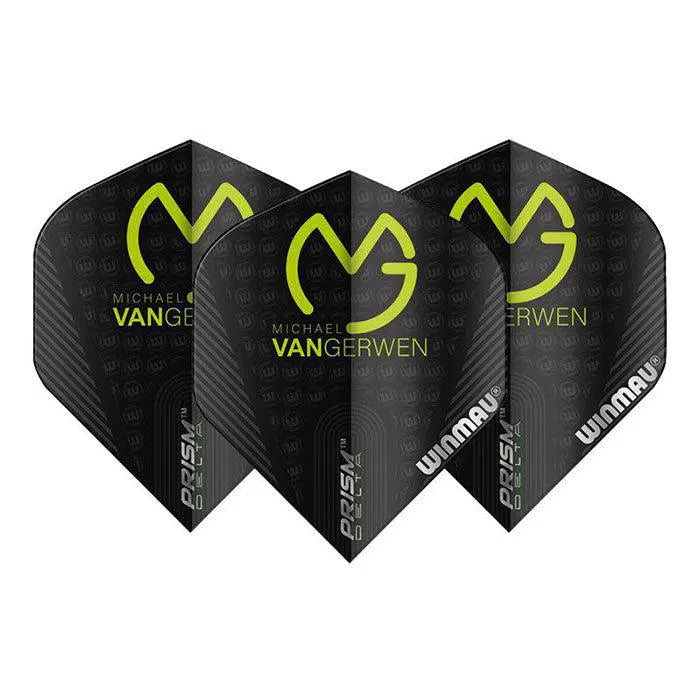 Three MVG Black Delta No.2 dart flights arranged fan-style on white, highlighting textured design, 100 micron material, and Prism Delta branding
