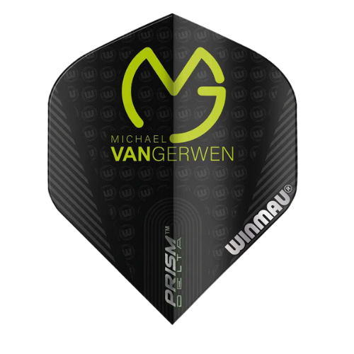 Black MVG Delta No.2 dart flight full view isolated on white, highlighting Prism Delta texture and yellow signature graphics