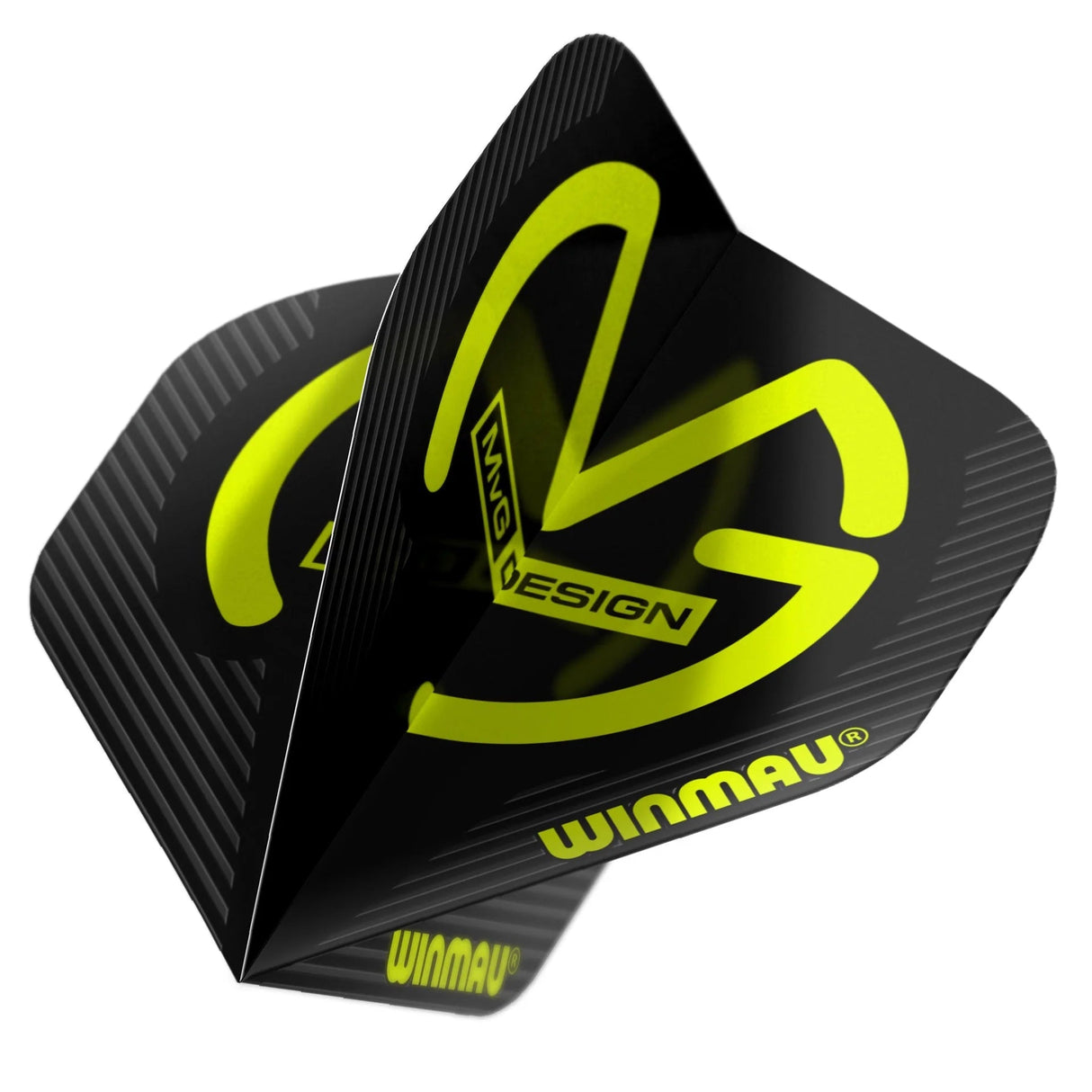 Angled close-up of black and green dart flight showing MVG logo, textured surface, mega standard shape for darts equipment