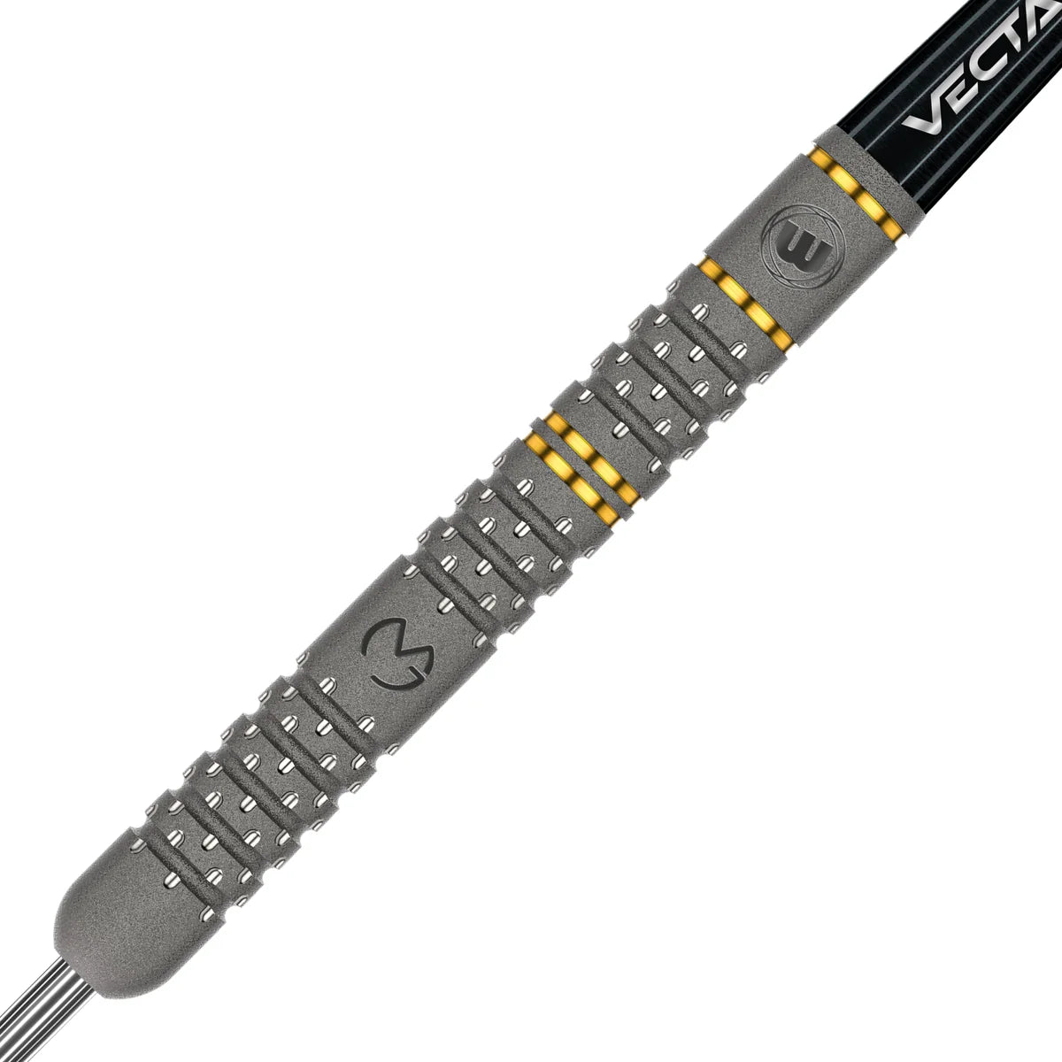 Close-up of Winmau MVG EvoX 90% tungsten dart barrel showing precision grip texture, yellow rings, and engraved logos, isolated on white