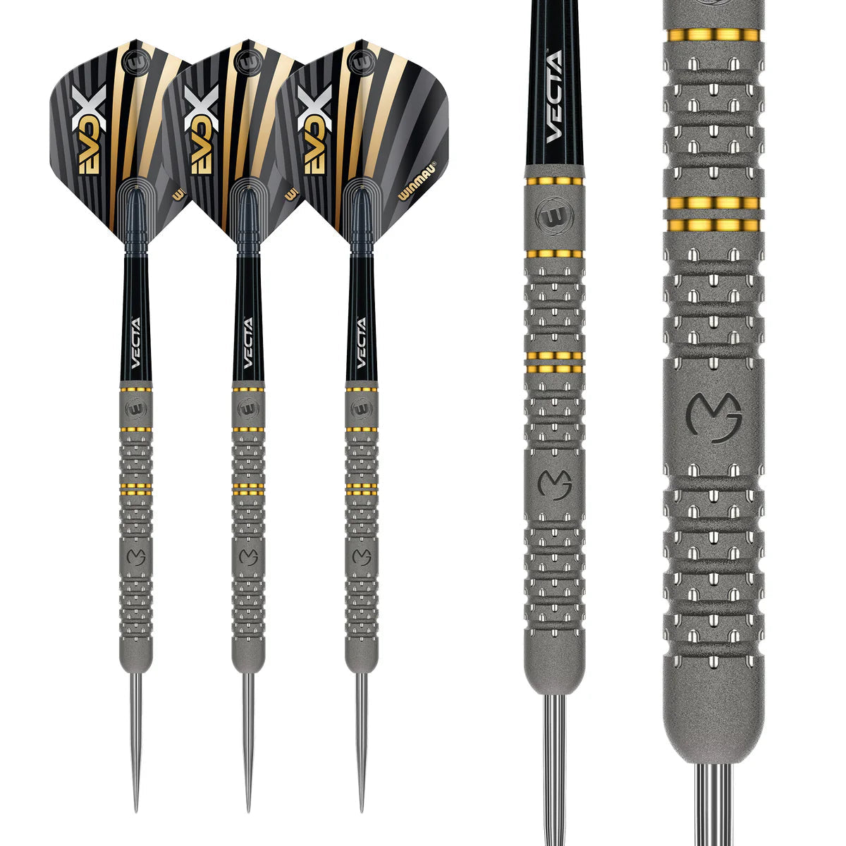 Three tungsten darts with black and gold flights and a close-up of barrel grip texture and logo, isolated on white background