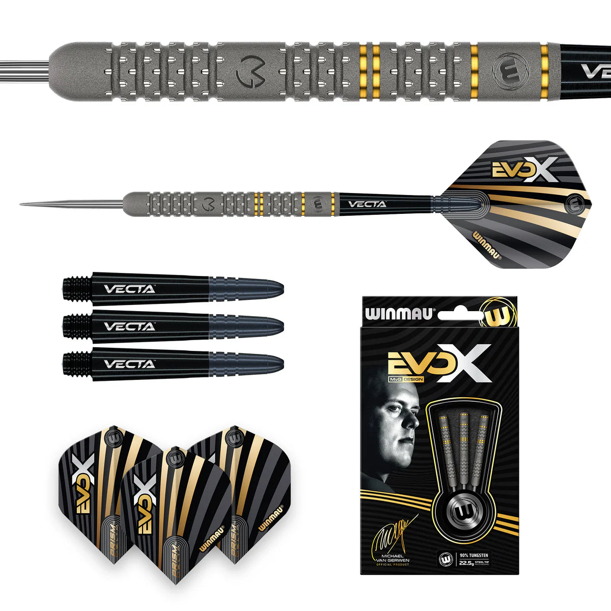 Winmau MVG EvoX 90% tungsten darts set with close-up barrel grip, full assembled dart, spare shafts, flights, and retail packaging