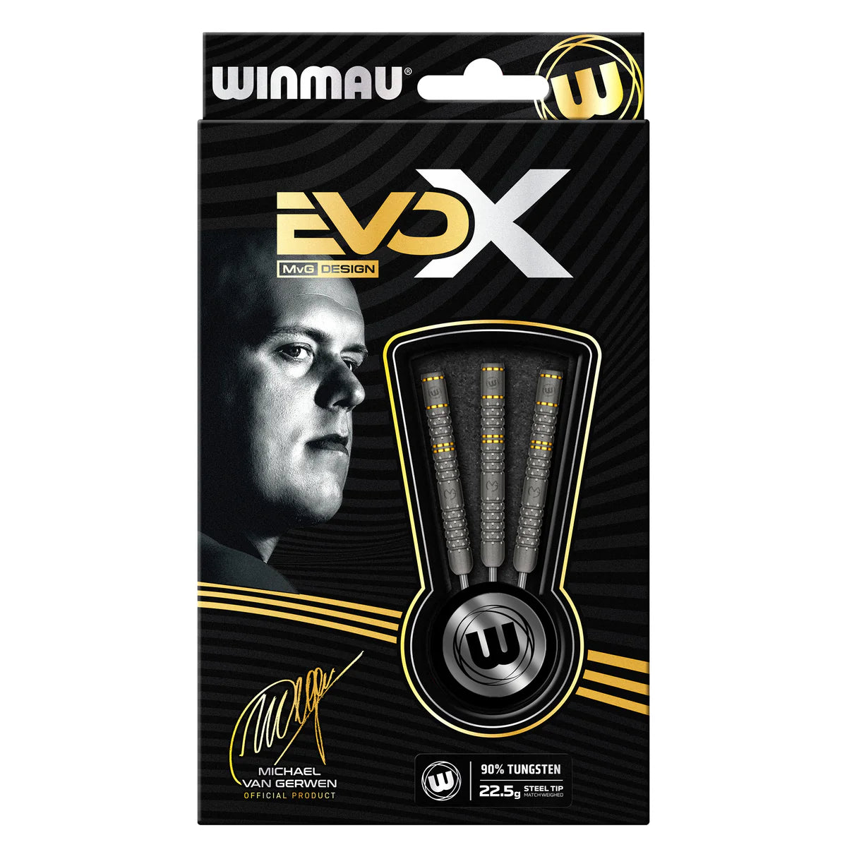 Steel tip tungsten darts set in retail packaging with grip detail visible, three darts displayed for professional dart players