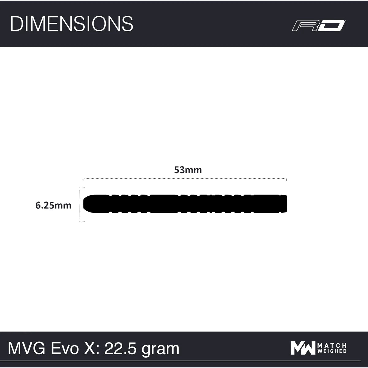 Dart barrel top-down silhouette with 53mm length and 6.25mm diameter dimensions for tungsten dart buyers