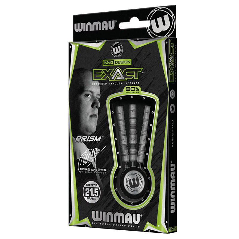 Angled view of MVG Exact 90% tungsten darts in retail packaging showing 21.5g steel tips and precision grip barrel design