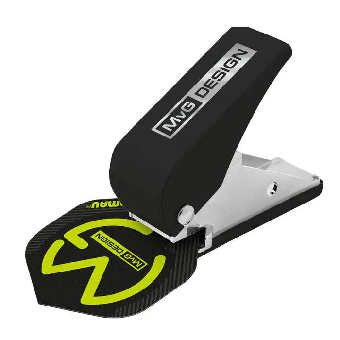 Angled close-up of dart flight punch tool punching a dart flight, showing secure slotting for darts, isolated on white background