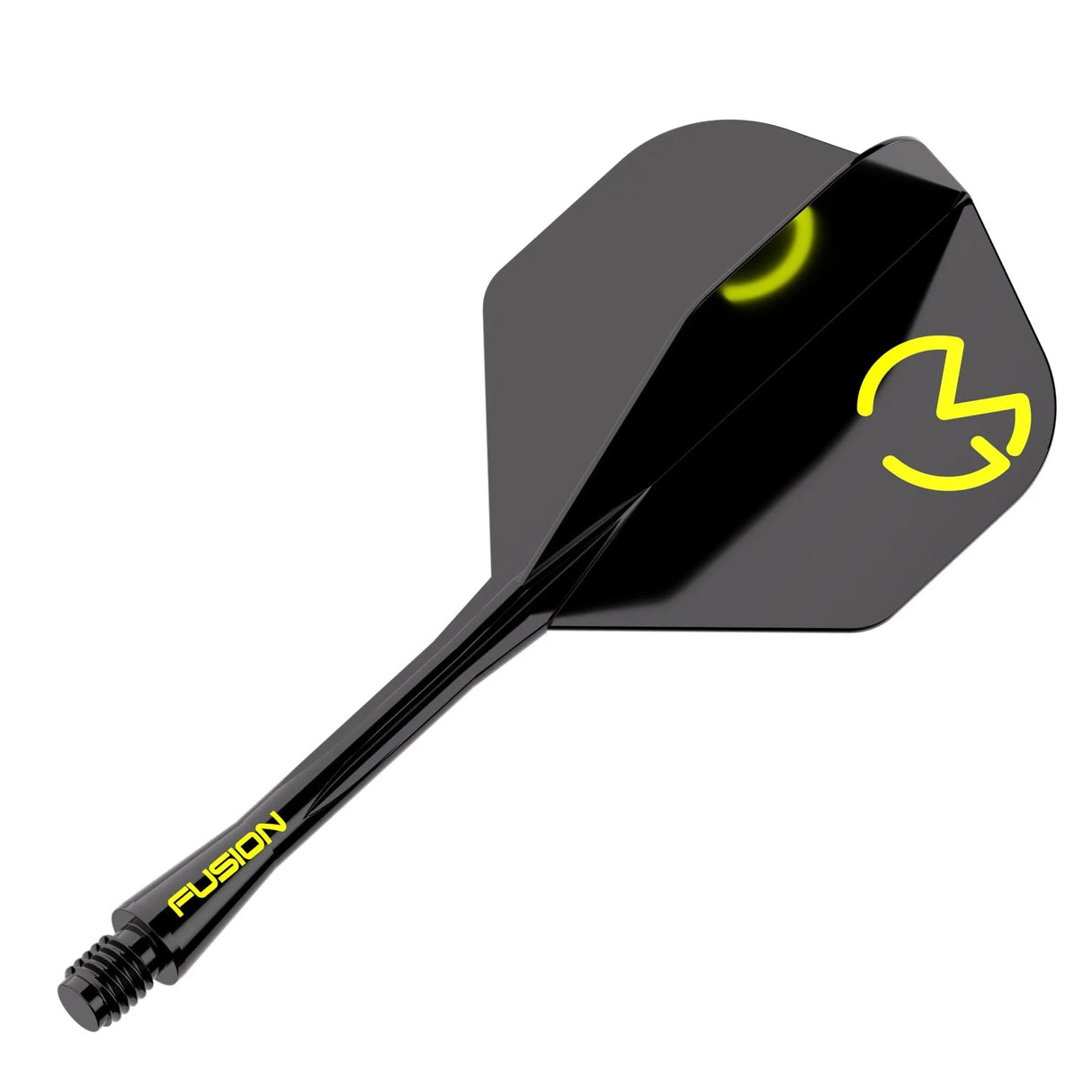Angled view of MVG Fusion dart flight and shaft combo, No.2 shape, black with yellow logo, isolated on white background