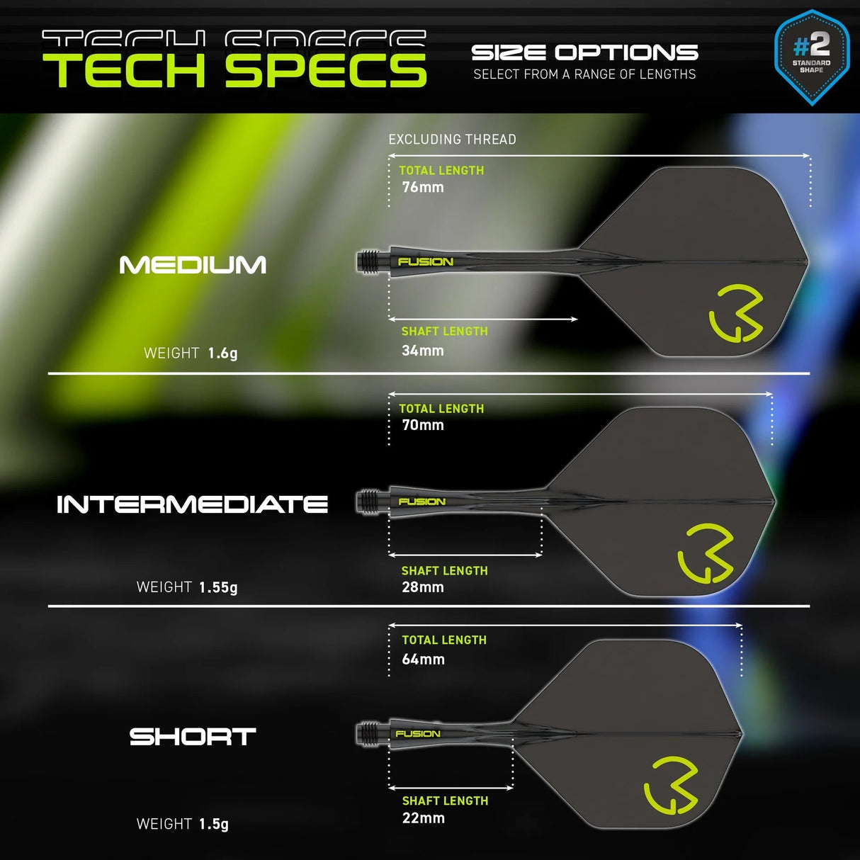 Dart flight system size chart displaying medium, intermediate, and short shaft and flight combos with dimensions, weights, and Fusion logo details