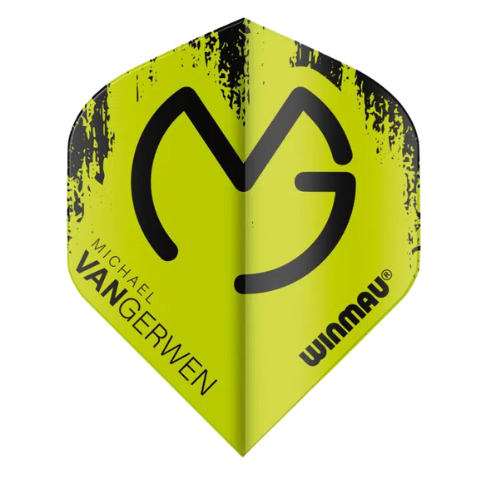 Mega standard dart flight in green with MVG logo, black stylized print, and 75 micron thickness, isolated on white background
