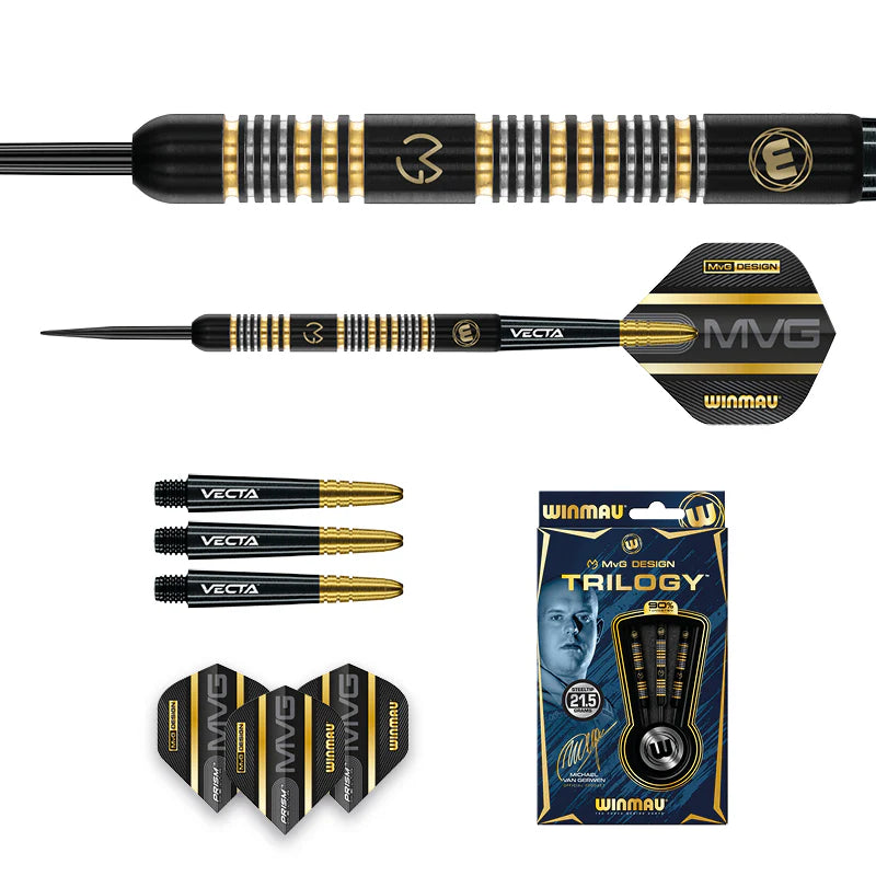 90% tungsten darts set with gold and black grooved barrels, Vecta stems, MVG flights, close-up grip texture, and retail box on white background