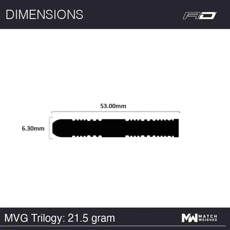 Dart barrel side profile with 53mm length, 6.3mm diameter, showing detailed grip layout for MVG Trilogy 21.5g tungsten darts