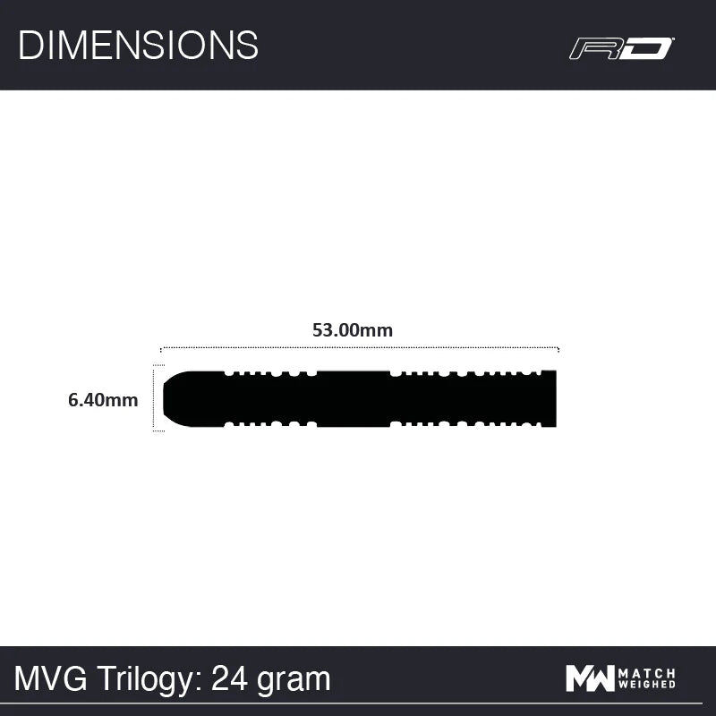 Dart barrel technical diagram showing 53mm length and 6.4mm diameter, MVG Trilogy 24g, isolated on white for grip detail and scale.