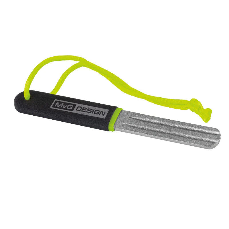 V-Groove dart point sharpener full view with textured sharpening surface, ergonomic grip, and yellow lanyard on white background