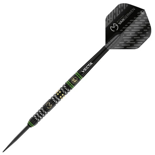 Steel-tip dart full view on white background, detailed 90% tungsten barrel grip, black Vecta shaft, precision MVG Vantage flight design