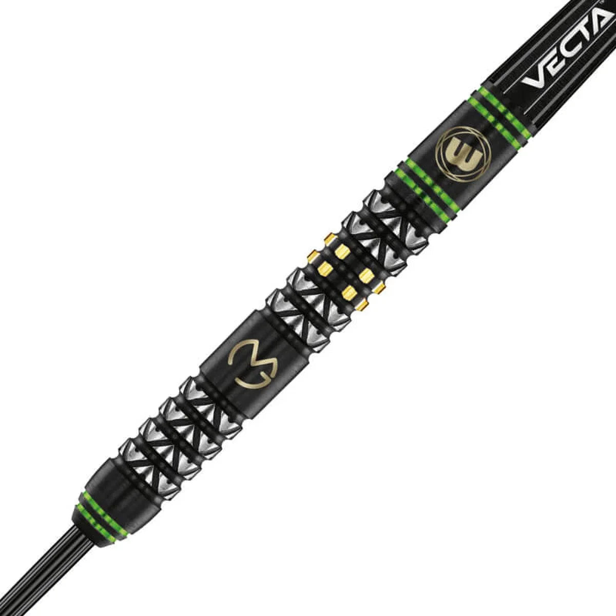 Macro close-up of MVG Vantage 90% tungsten dart barrel showing knurled grip, green and gold rings, detailed engraving, isolated on white
