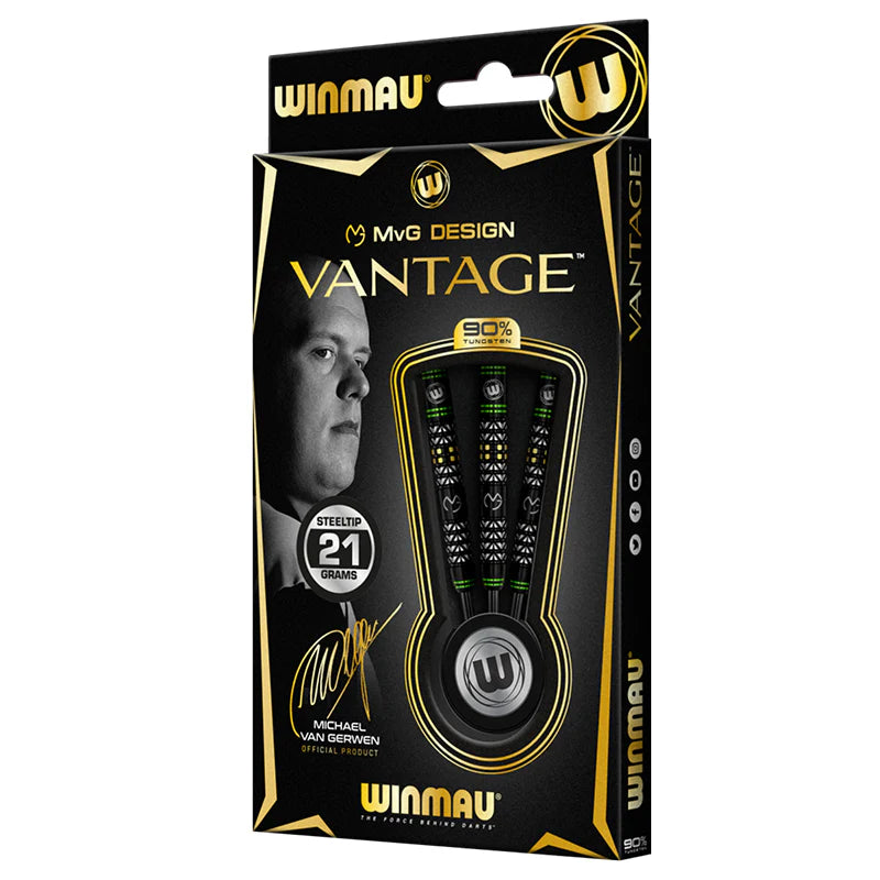 Angled view of Winmau MVG Vantage 90% tungsten darts in retail packaging showing three steel tip darts and 21g weight